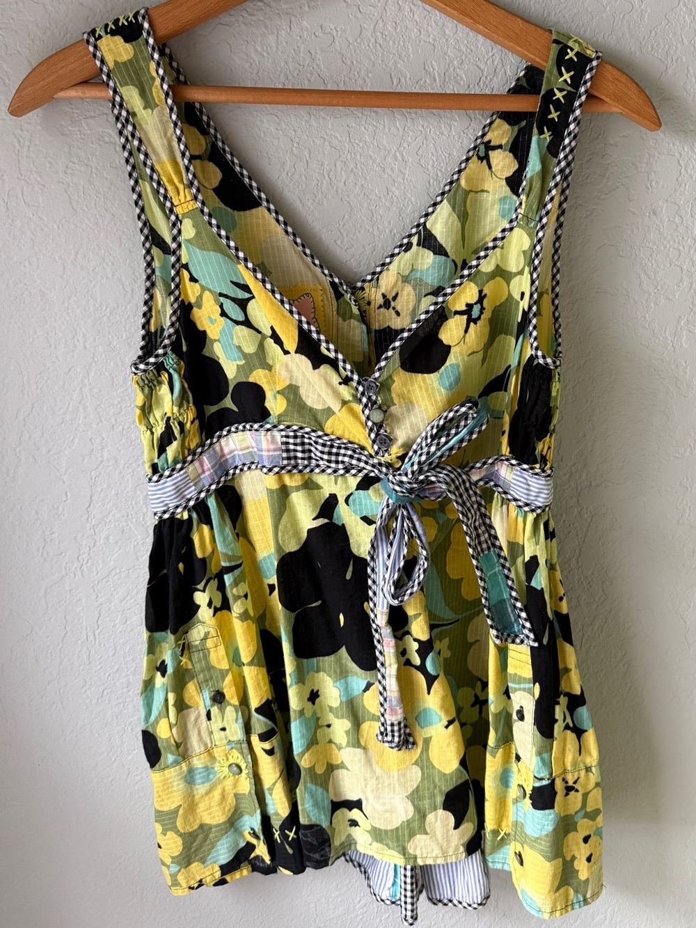 Free People Patchwork Floral Milkmaid Tank Blouse Gingham Button Back size 2